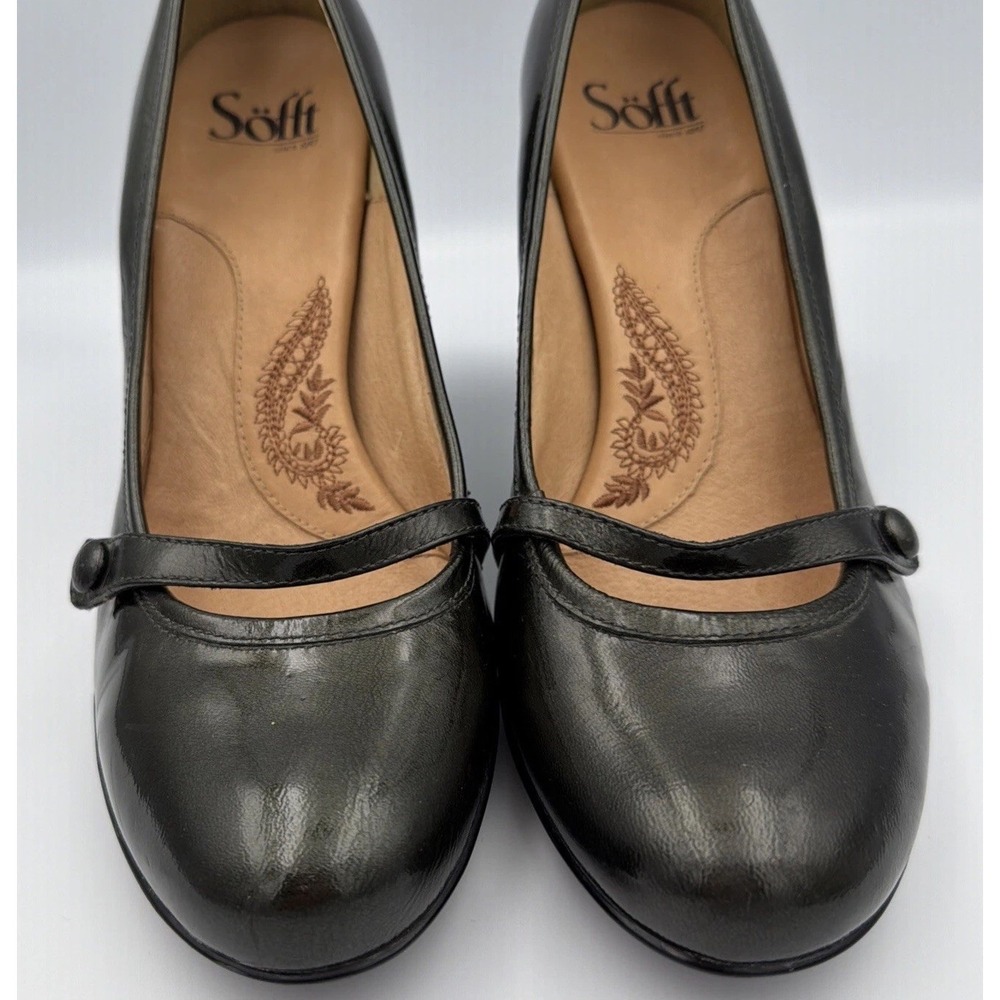 Sofft Mary Jane Pumps Women 10M Olive Green Patent Leather 3.25" Heels Office